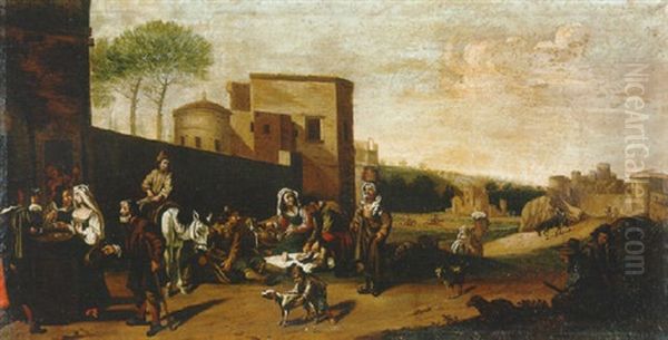 Camponeses Comiendo Y Bebiendo En Una Posada Con Un Sendero Con Viajantes Y Ganaderos Ante Un Ayuntamiento Oil Painting by Michelangelo Cerquozzi