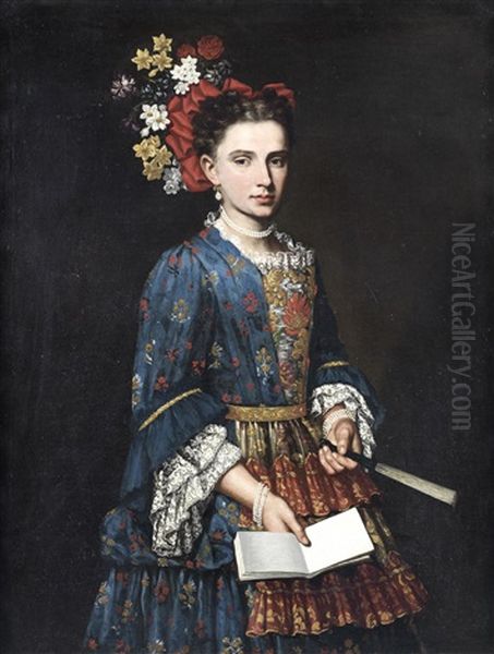 Portrait Of A Lady, Three-quarter-length, In A Blue Embroidered Dress, Holding A Fan Oil Painting by Giacomo Ceruti