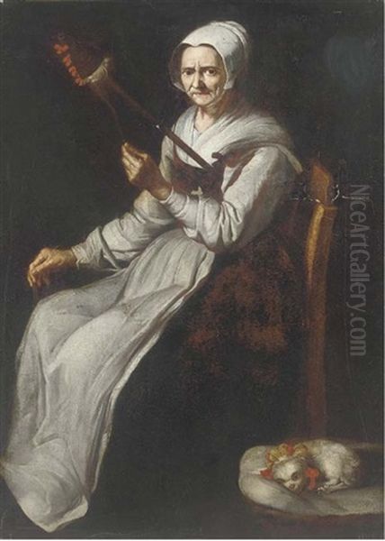 An Old Woman Spinning Wool In An Interior, A Dog By Her Side Oil Painting by Giacomo Ceruti