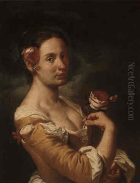 A Young Girl Holding A Rose Oil Painting by Giacomo Ceruti