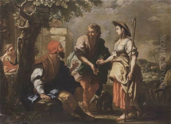 Laban, Jacob, Rachel And Lea Oil Painting by Jacopo Cestaro