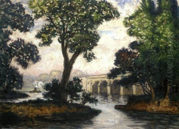 Le Remorqueur Pres Du Pont Oil Painting by Maurice Chabas