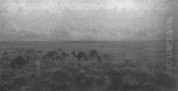 Beduine Mit Kamelherde In Der Abendlichen Wuste Oil Painting by Paul Emile Chabas