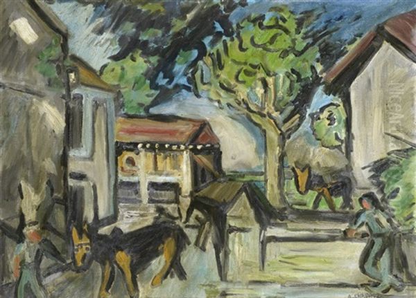 Village Anime De Personnages Et De Chevaux Oil Painting by Auguste Chabaud