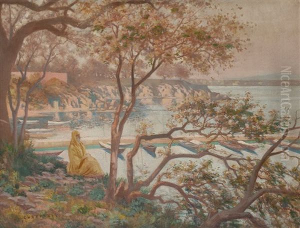 Femme Orientale Et Port Oil Painting by Eugene Chaffanel