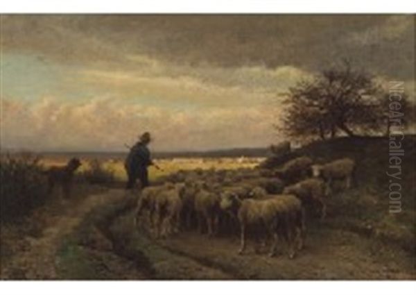 La Rentree Du Pere Chicoree Et Son Troupeau, Au Loin Le Village De Barbizon Oil Painting by Jean-Ferdinand Chaigneau