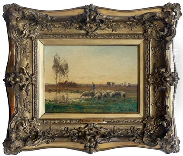 Berger Et Moutons S'abreuvant Oil Painting by Jean-Ferdinand Chaigneau