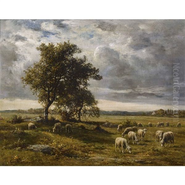 Weite Landschaft Mit Weidender Schafherde Oil Painting by Jean-Ferdinand Chaigneau