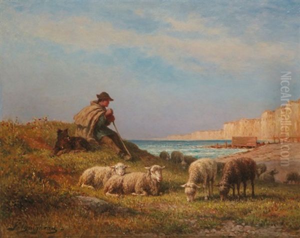 Berger Et Ses Moutons En Bord De Mer A Saint Valery-en-caux Oil Painting by Jean-Ferdinand Chaigneau
