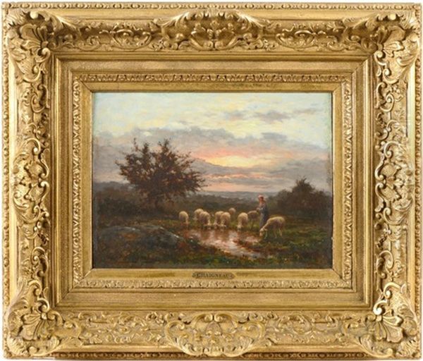 Bergere Et Ses Moutons A La Mare Au Couchant Oil Painting by Jean-Ferdinand Chaigneau