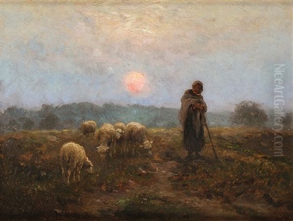 Bergere Et Son Troupeau A L'angelus Oil Painting by Jean-Ferdinand Chaigneau
