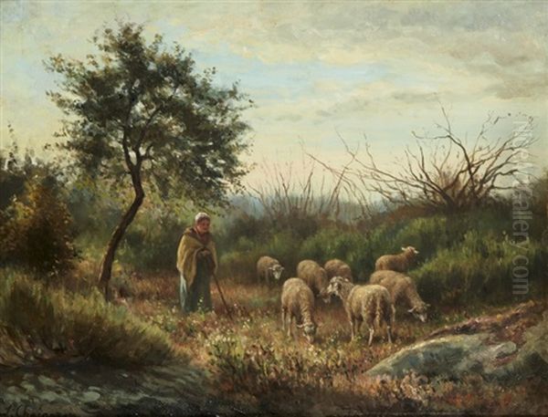 Troupeau De Moutons A Barbizon Oil Painting by Jean-Ferdinand Chaigneau