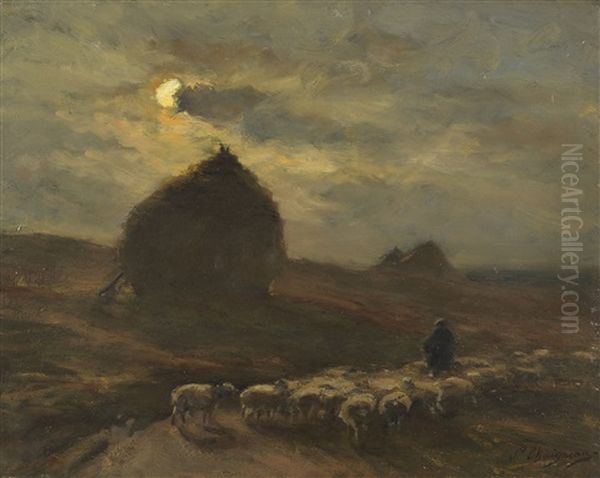 Schafherde Und Hirte Bei Mondschein Oil Painting by Jean-Ferdinand Chaigneau