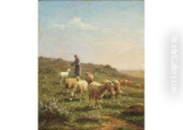 Shepherd Girl And Flock Of Sheep Oil Painting by Jean-Ferdinand Chaigneau