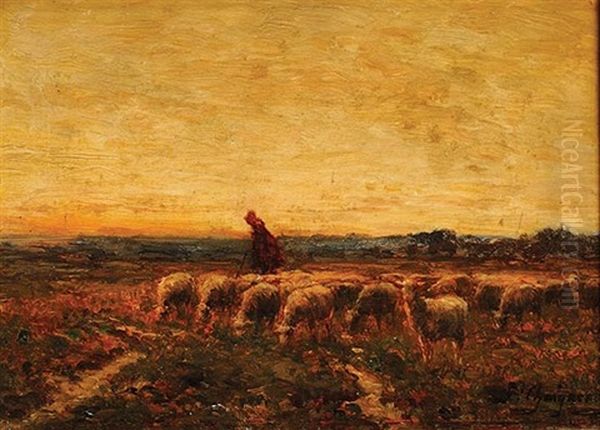 Berger Et Ses Moutons Dans La Plaine De Chany Oil Painting by Jean-Ferdinand Chaigneau