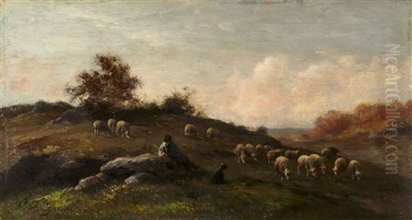 Le Berger Et Ses Moutons Oil Painting by Jean-Ferdinand Chaigneau