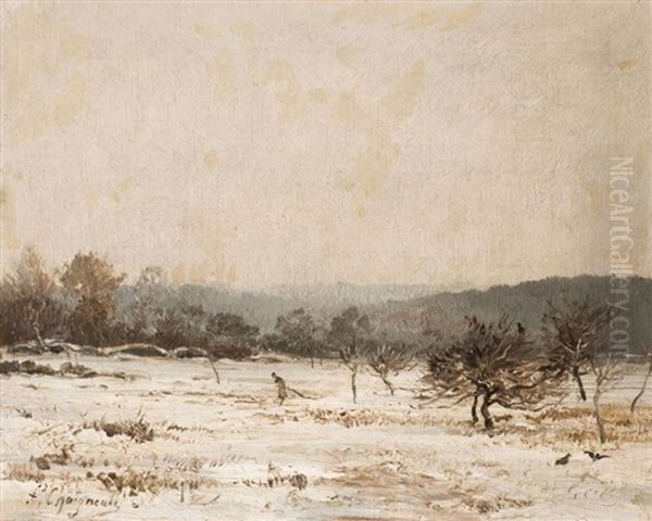 Femme Trainant Une Branche De Bois Mort Dans Un Paysage D'hiver Oil Painting by Jean-Ferdinand Chaigneau