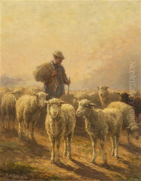 Shepherd And Sheep At Twilight Oil Painting by Jean-Ferdinand Chaigneau