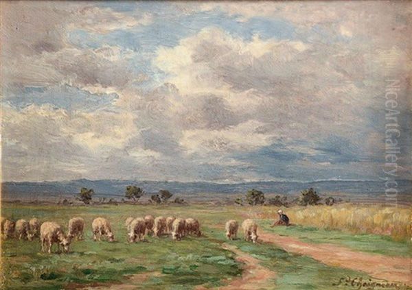 Moutons Au Pre Oil Painting by Jean-Ferdinand Chaigneau