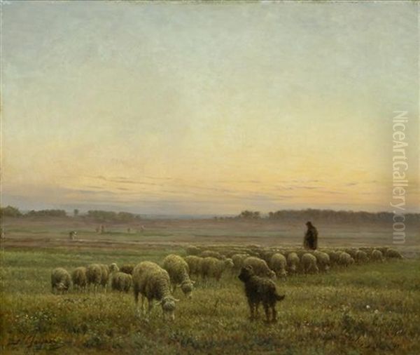 Hirte Mit Herde In Weiter Landschaft Oil Painting by Jean-Ferdinand Chaigneau