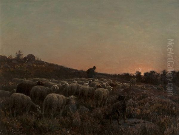 Le Retour Du Troupeau, Soleil Couchant Oil Painting by Jean-Ferdinand Chaigneau