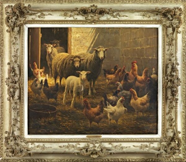 Moutons Et Poules Dans Une Bergerie Oil Painting by Jean-Ferdinand Chaigneau