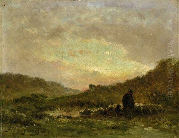 Schafhirte Mit Seiner Herde Im Abendlicht Oil Painting by Jean-Ferdinand Chaigneau