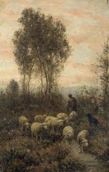 Abendliche Heidelandschaft Mit Schafhirten Oil Painting by Jean-Ferdinand Chaigneau