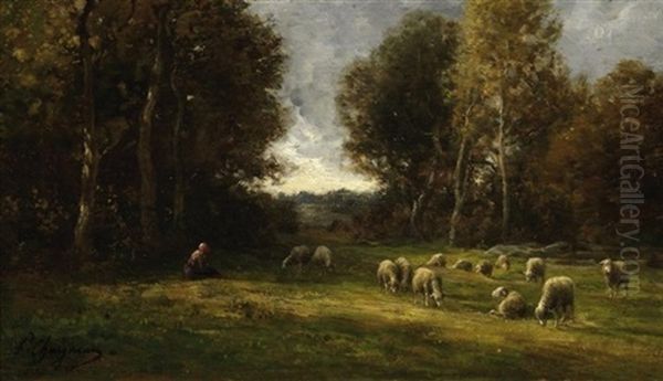 Hirtin Mit Ihrer Schafherde Auf Einer Waldlichtung Oil Painting by Jean-Ferdinand Chaigneau