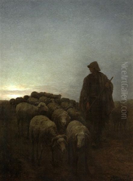 La Sortie Du Pere Chicore Et Son Troupeau Au Clair De Lune Oil Painting by Jean-Ferdinand Chaigneau