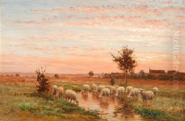 Teichlandschaft Im Abendrot, Im Vordergrund Ein Schafhirte Mit Seiner Herde Oil Painting by Jean-Ferdinand Chaigneau