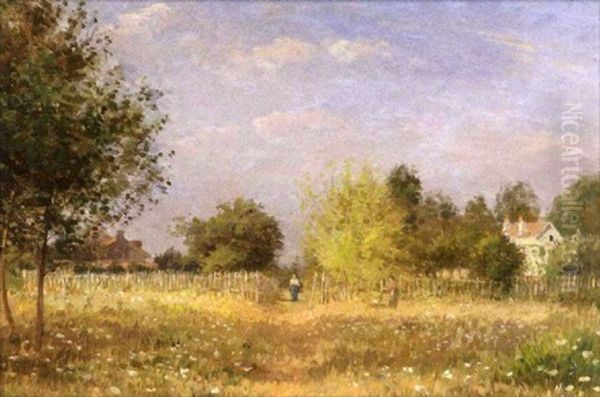 Femmes Et Maisons Au Bord Du Pre Oil Painting by Jean-Ferdinand Chaigneau