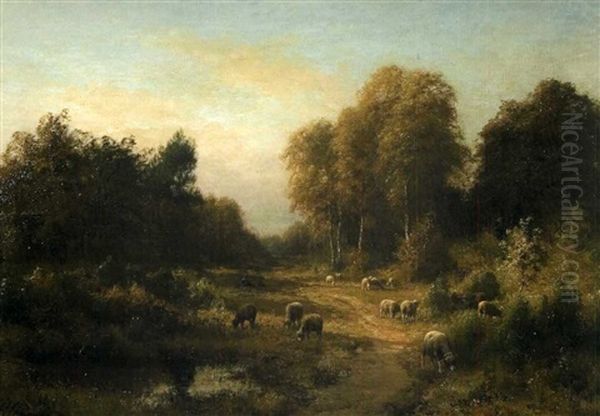 Moutons, Allee Du Bas Breau A Barbizon Oil Painting by Jean-Ferdinand Chaigneau