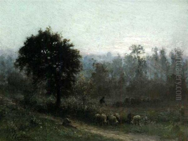Berger Et Ses Moutons Au Labour Oil Painting by Jean-Ferdinand Chaigneau