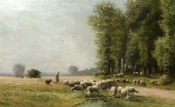 Berger Et Son Troupeau, Plaine De Chailly, L'ete Oil Painting by Jean-Ferdinand Chaigneau