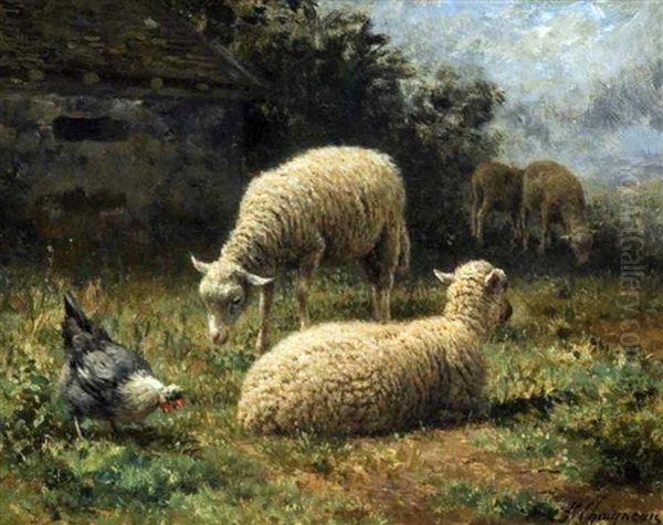 Moutons Et Poules Devant La Bergerie Oil Painting by Jean-Ferdinand Chaigneau