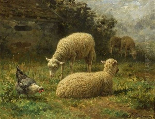 Sheep In Landscape Oil Painting by Jean-Ferdinand Chaigneau