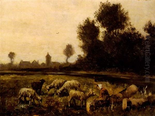 Bergere Et Son Troupeau Oil Painting by Jean-Ferdinand Chaigneau