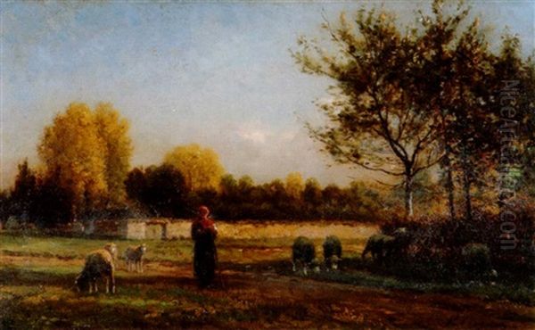 Landschaft Mit Hirtin Und Weidenden Schafen Oil Painting by Jean-Ferdinand Chaigneau