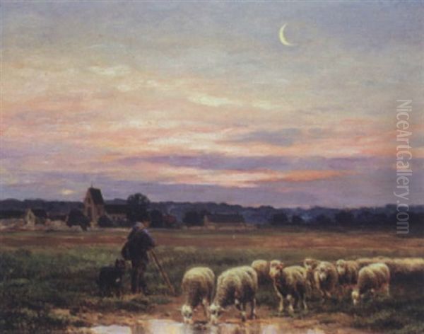 Troupeau De Moutons A L'abreuvoir Oil Painting by Jean-Ferdinand Chaigneau