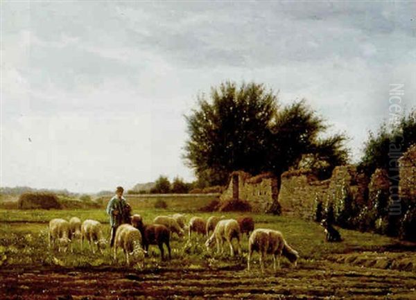 Le Troupeau Du Jeune Chicore En Paturage A Barbizon Oil Painting by Jean-Ferdinand Chaigneau