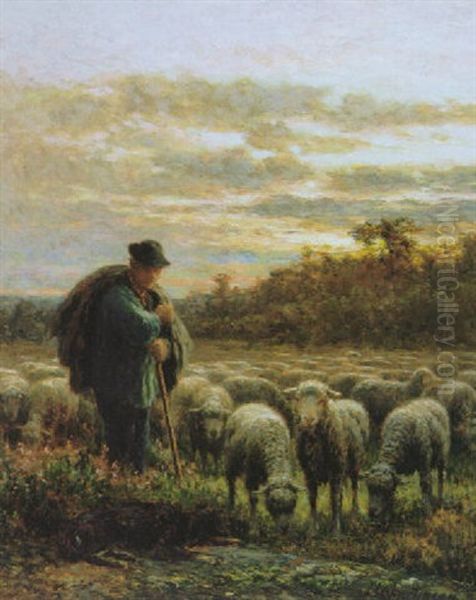 Shepherd And His Flock Oil Painting by Jean-Ferdinand Chaigneau