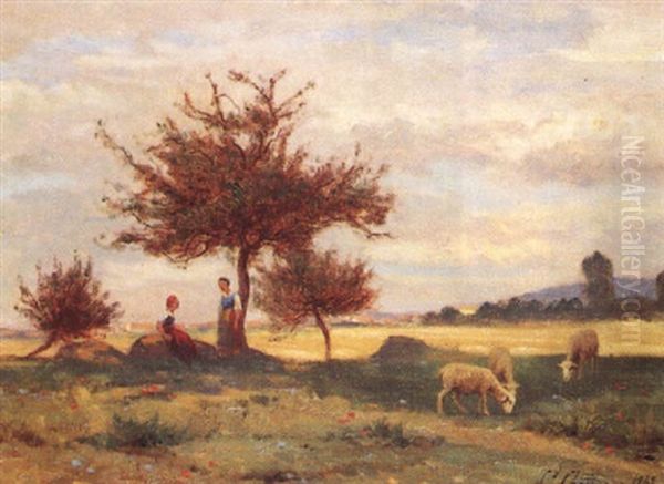 Paysage Aux Deux Bergeres Et Trois Moutons Oil Painting by Jean-Ferdinand Chaigneau