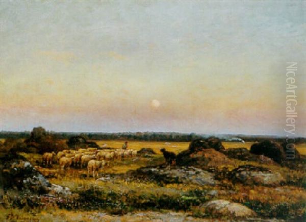 Le Troupeau Au Coucher Du Soleil Oil Painting by Jean-Ferdinand Chaigneau