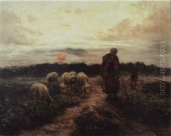 Shepherd Tending His Flock Oil Painting by Jean-Ferdinand Chaigneau