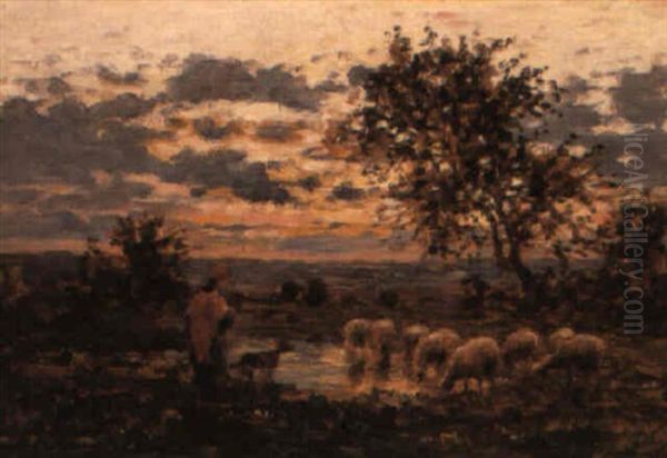 A Shepherdess And Her Flock Oil Painting by Jean-Ferdinand Chaigneau