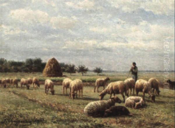 Shepherd Boy Watching His Flock Oil Painting by Jean-Ferdinand Chaigneau
