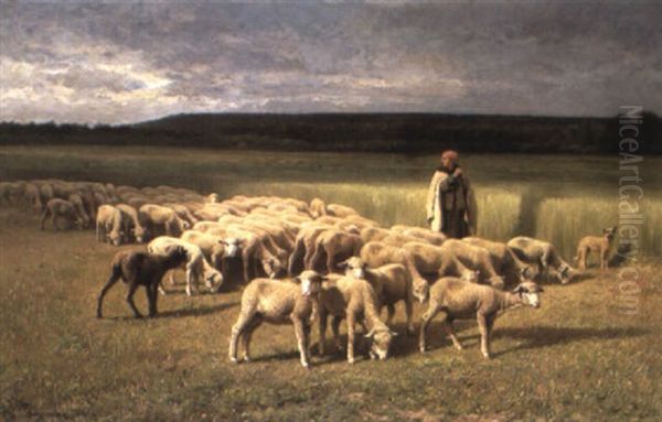 The Shepherdess And Her Flock Oil Painting by Jean-Ferdinand Chaigneau