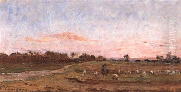Berger Et Son Troupeau Au Soleil Couchant Oil Painting by Jean-Ferdinand Chaigneau