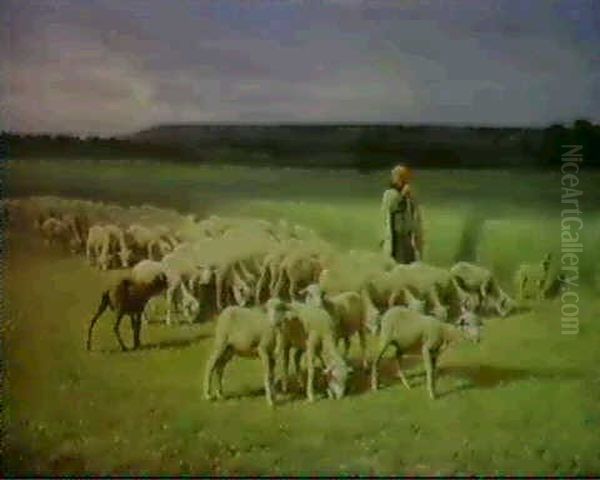 Bergere Et Les Moutons Dans La Plaine Oil Painting by Jean-Ferdinand Chaigneau